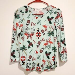 Full Circle Trends tropical print top seasonal holiday Christmas flamingos NWOT